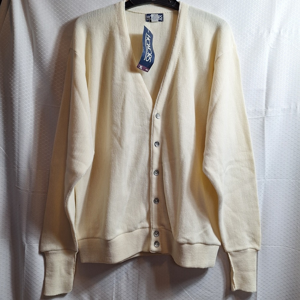 NWT$ Vtg HONORS Classic Cardigan Sweater Sz XL White Preppy Old-Money Grandpa